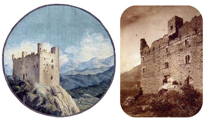 Château d'Ussel : a)  Huile sur toile fin du XIXe siècle ; b) carte postale de 1896.