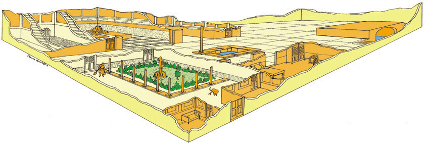 Visione prospettica ricostruttiva della casa romana situata sotto l’odierna Via Promis, appartenuta a Tito Vareno.