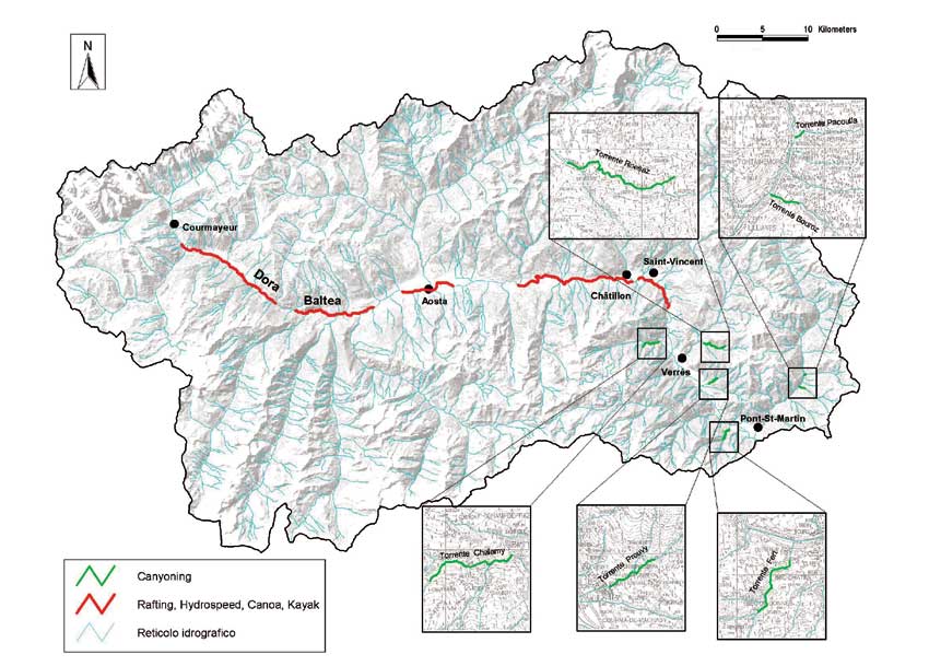 Tratti di corsi d'acqua destinati agli sport d'acqua viva (rafting, canyoning, hydrospeed...).