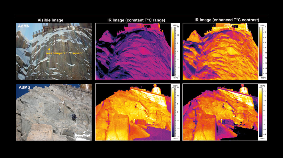 Figura 3: riprese termografiche della parete Sud e Nord del Piton Central dell’Aiguille du Midi, in data 05 aprile 2007.