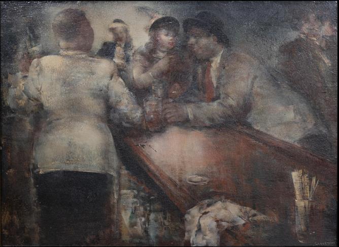 Grigory Gluckmann, "L'heure du cocktail", années '40, huile sur panneau, cm 53 × 65. The Morus Art Foundation.