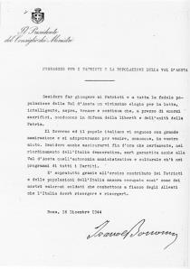 Messaggio ai valdostani di Ivanoe Bonomi, Presidente del Consiglio dei Ministri, 16 dicembre 1944