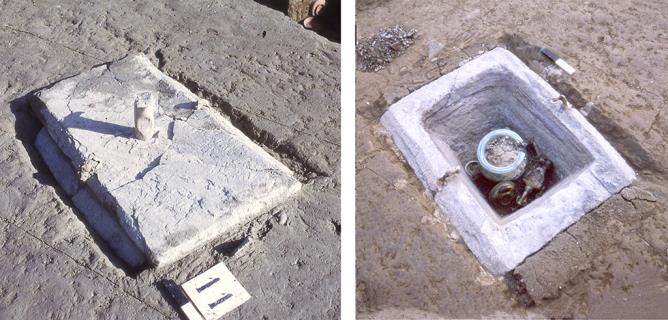 Tomba 11 (scavi 1972-1973) chiusa, con tubo in piombo, e aperta, con corredo funerario