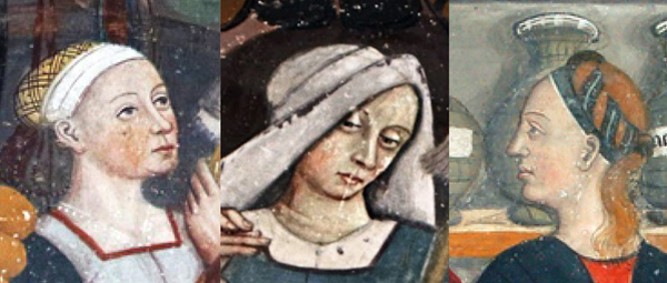 Tre donne raffigurate negli affreschi del cortile del castello di Issogne