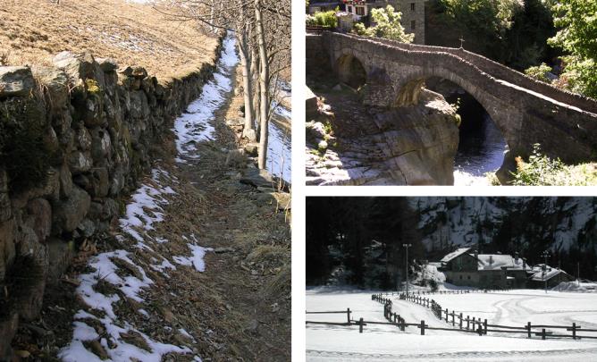 Perloz (à gauche) : chemin muletier entre deux murs bordés de frênes ; Pontboset (en haut à droite) : pont sur l'Ayasse ; Arvier (en bas à droite) : palissades.