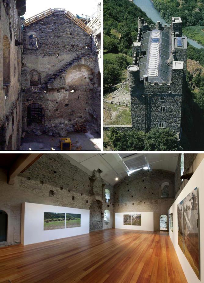 Château d'Ussel : a) intérieur du château durant la restauration ; b) vue aérienne après la restauration ; c) un des planchers reconstruits qui divisaient les étages.