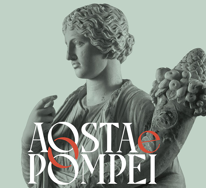 Statua della dea Concordia Augusta. In sovraimpressione la scritta: Aosta e Pomei